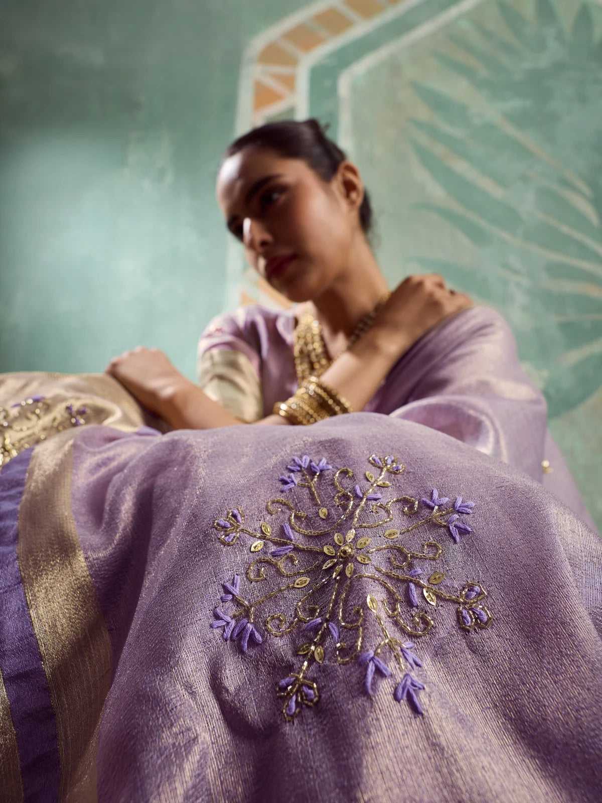 Tarani Bandita lavender tissue cotton saree closeup showing cutdana pearl sequin and thread work
