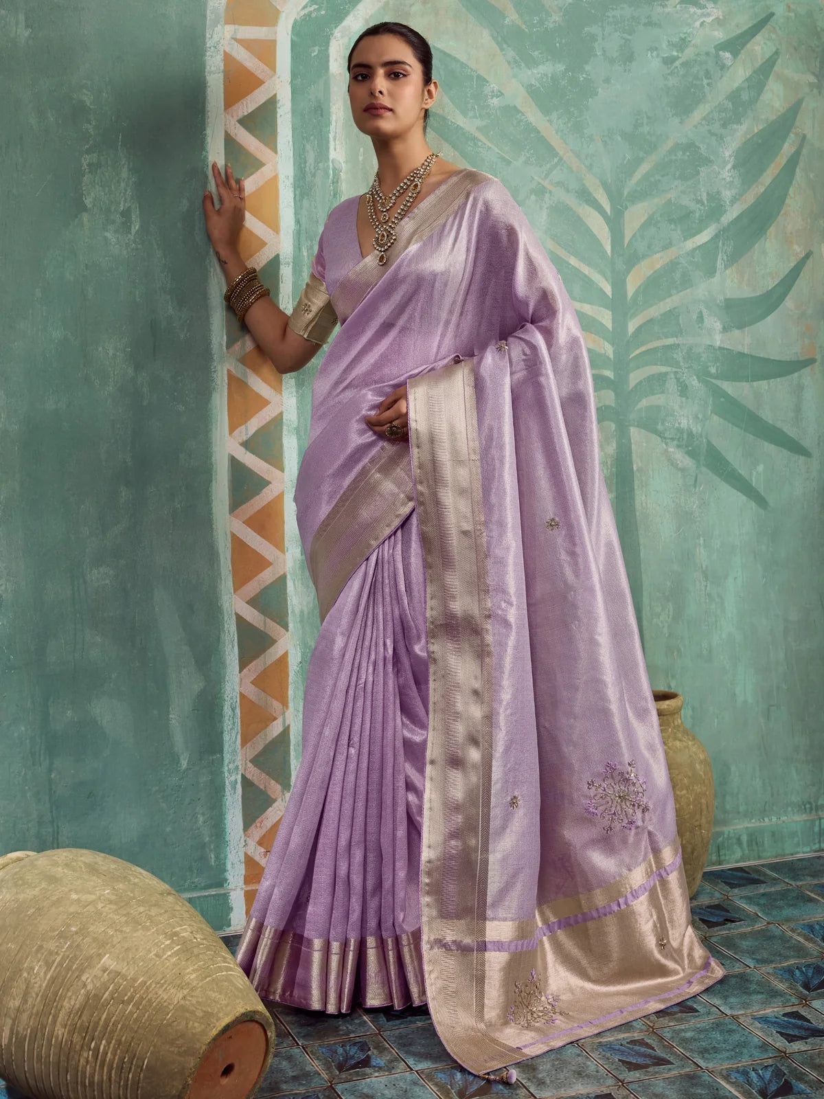 Tarani Bandita lavender tissue cotton saree full view with handwork buttas and metallic border