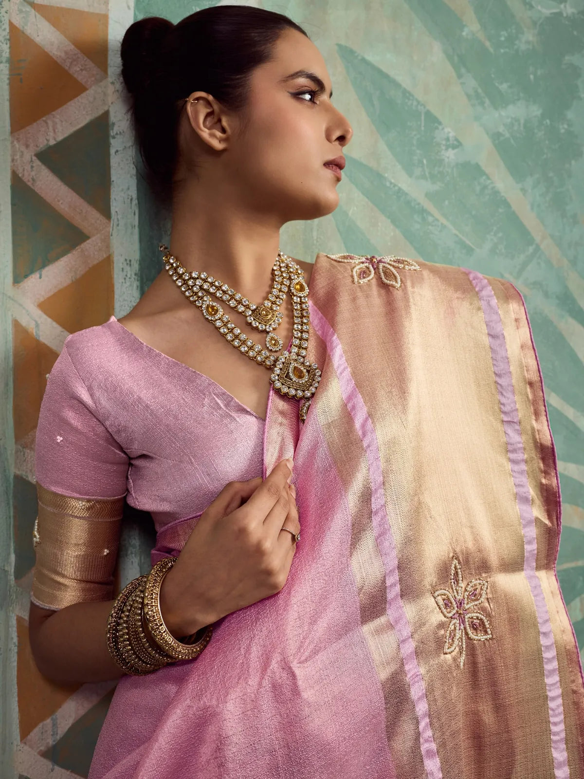 Tarani Vanika pink tissue cotton saree closeup with Cutdana, pearls, sequins and embroidery