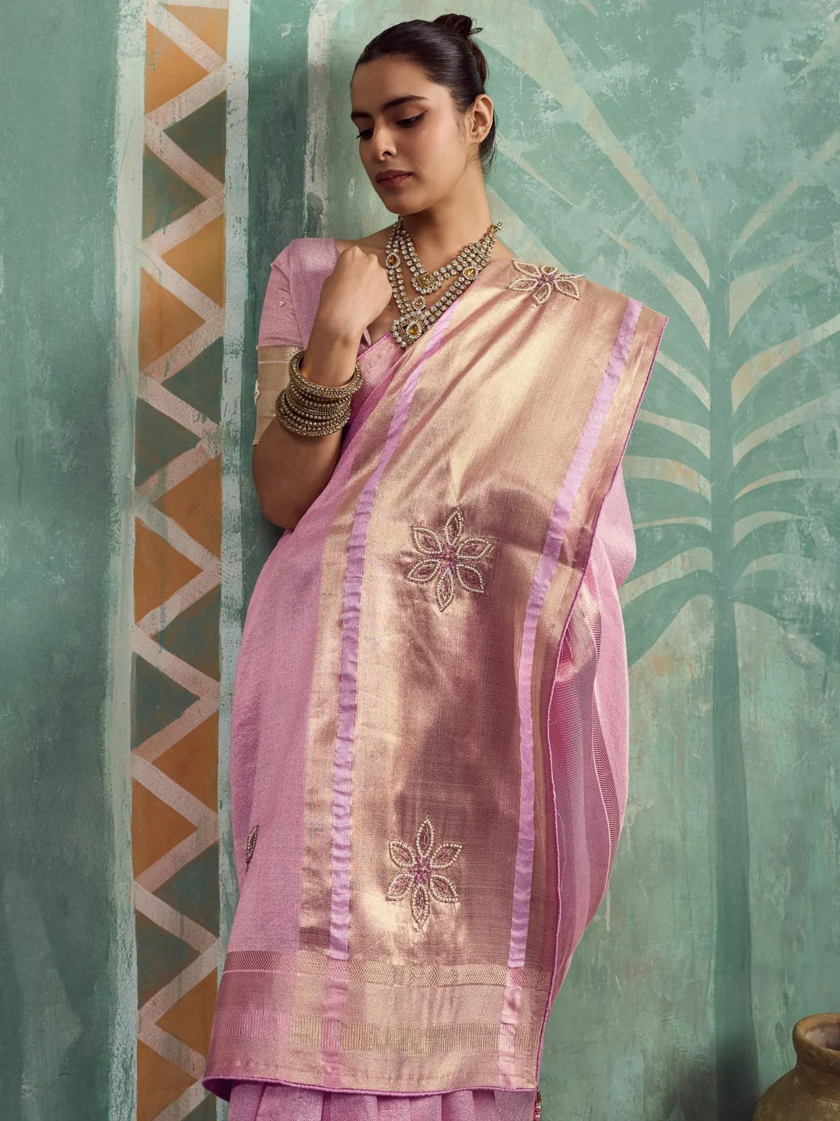 Tarani Vanika pink tissue cotton saree front view with handwork buttas and golden pallu