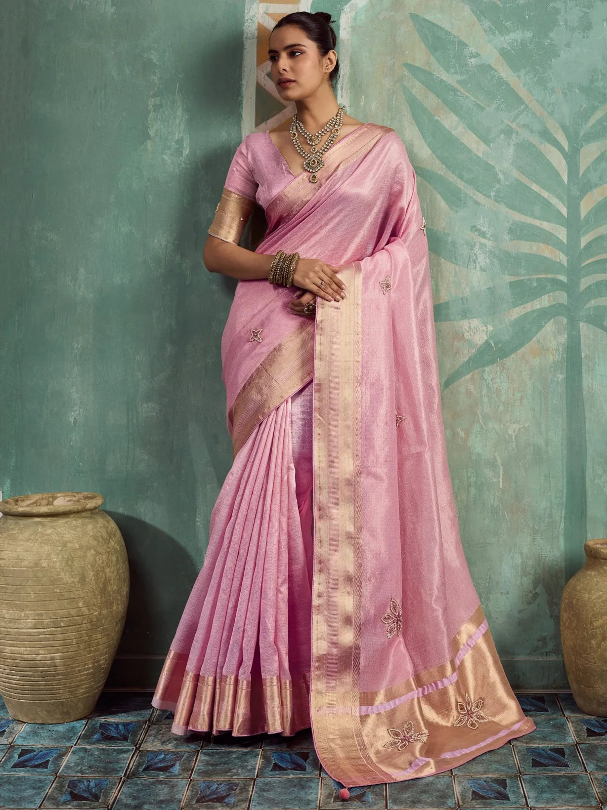 Tarani Vanika pink tissue cotton saree full view with handwork buttas and golden border