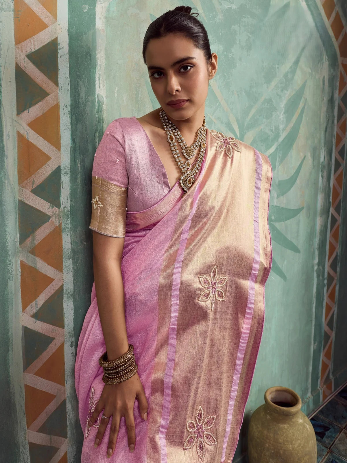 Tarani Vanika pink tissue cotton saree upper body view with running blouse and handwork