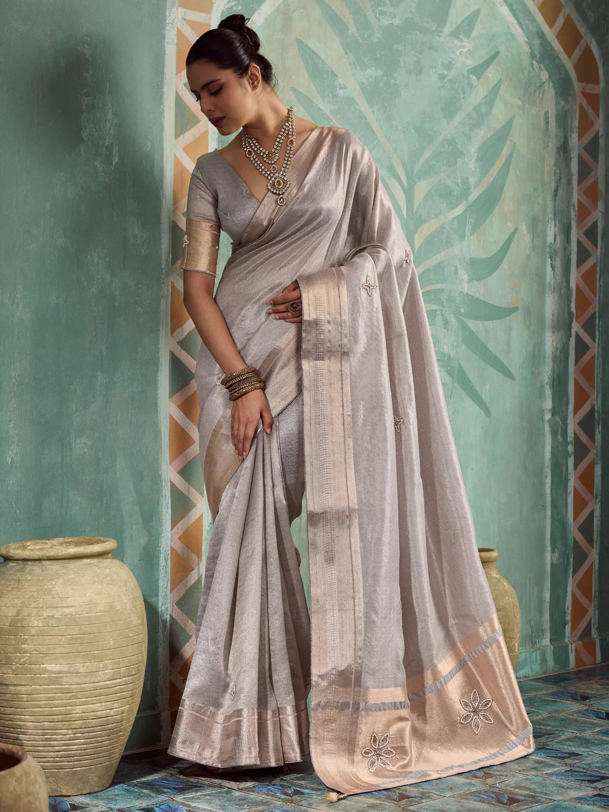 Tarani Mudra silver tissue cotton saree full view with handwork buttas, patta work and metallic border