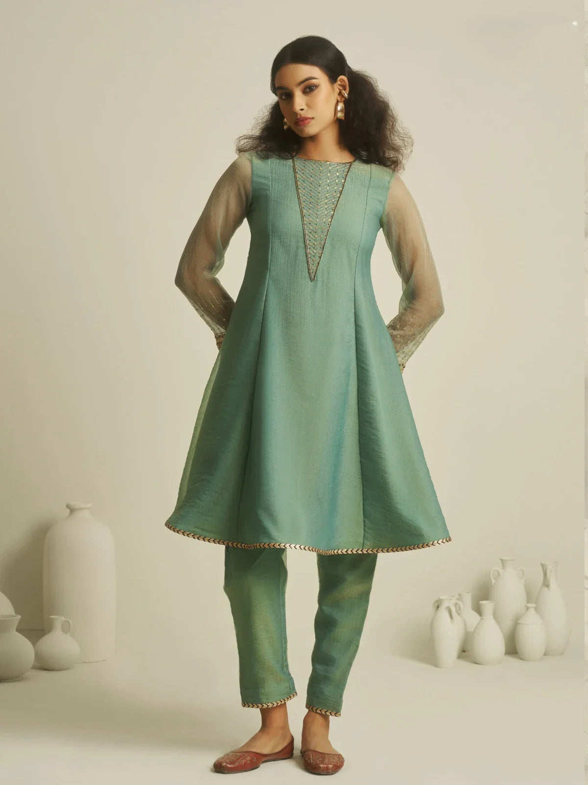 Tarani elegant green tissue party dress front view with hand embroidery and palazzo