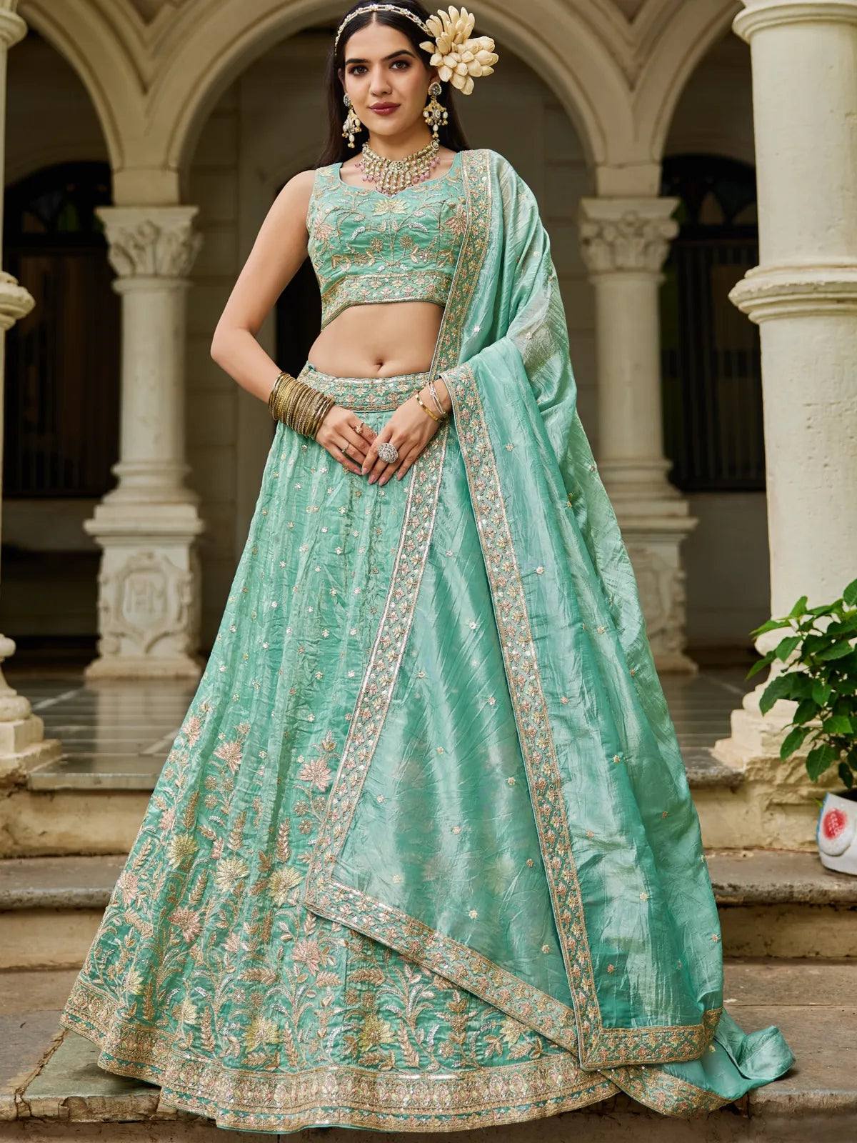 Tarani sea green tissue lehenga with embroidery and sequins full front view