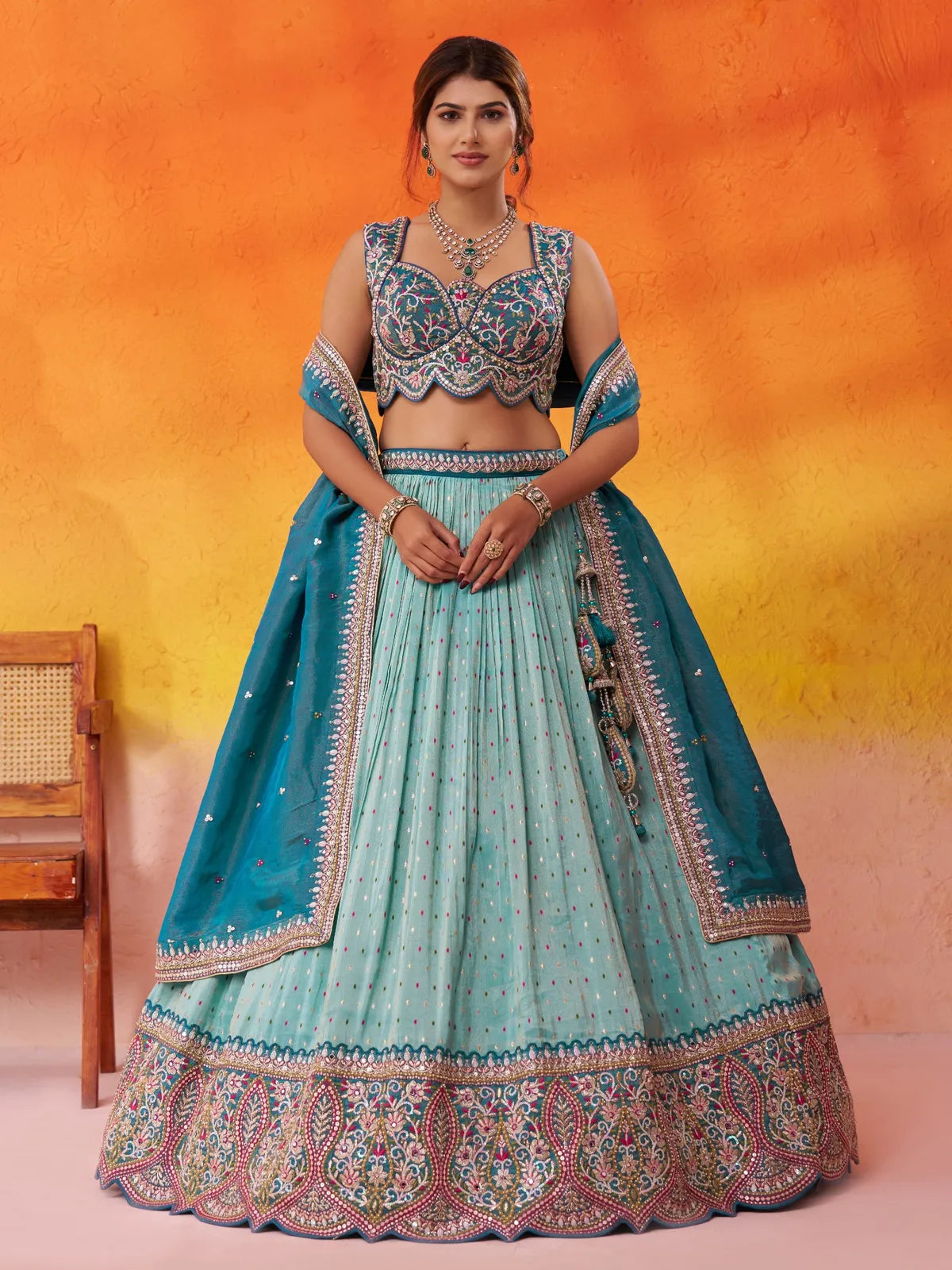 Tarani premium green jacquard tissue lehenga with embroidery blouse and dupatta for festive wear