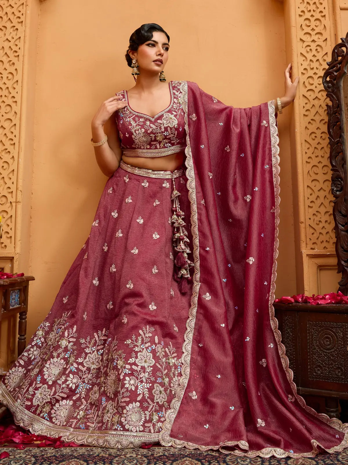 Tarani premium maroon tissue lehenga full view with intricate embroidery and dupatta