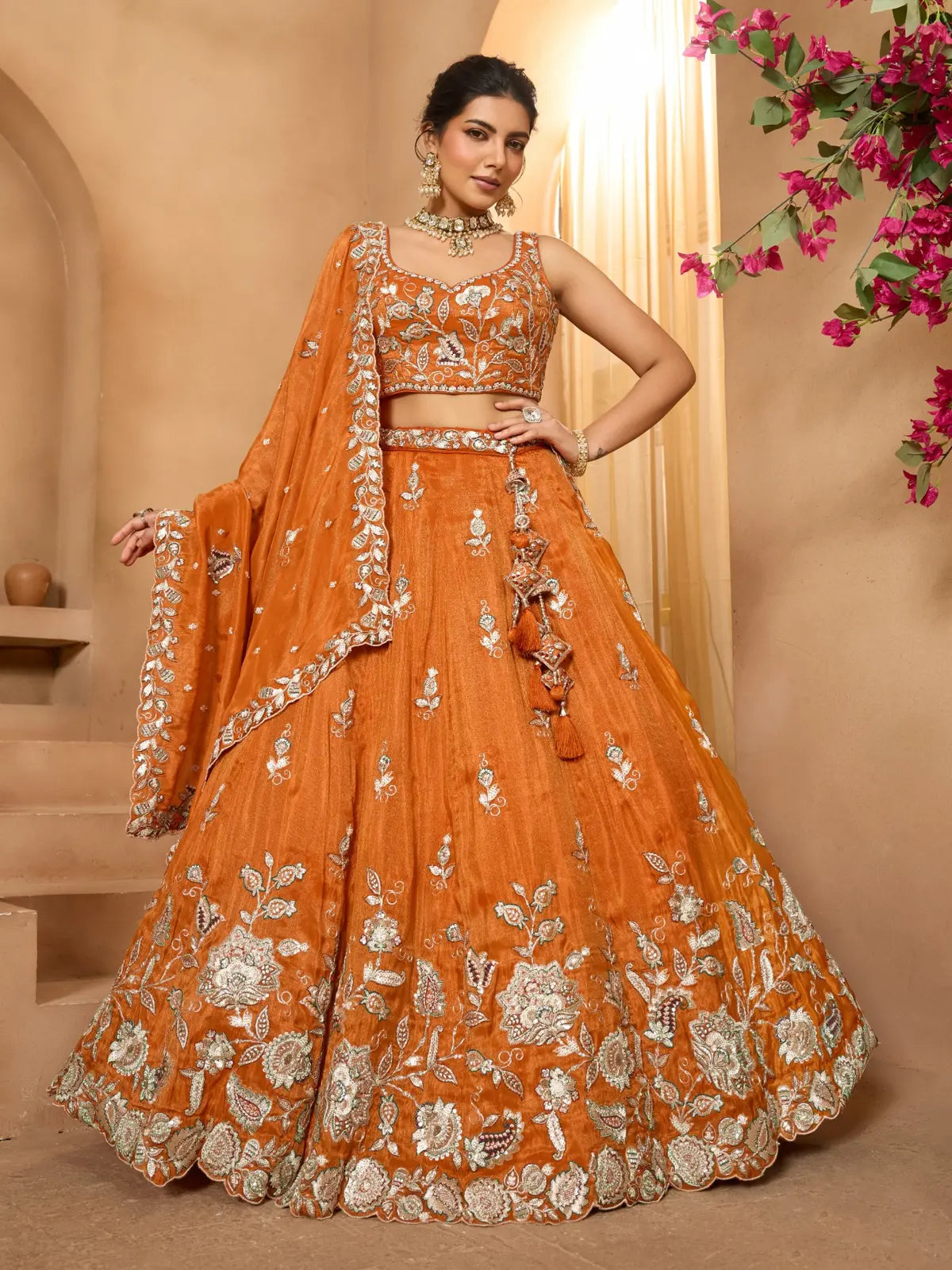 Tarani premium orange tissue lehenga with sequins embroidery and dupatta full view