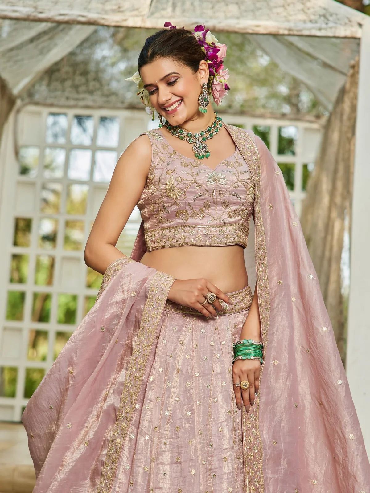 Tarani premium pink tissue lehenga upper-body-view with embroidery and dupatta