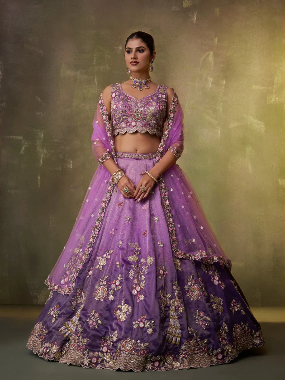 Tarani purple tissue lehenga full view with embroidery and blouse set perfect for weddings and festive occasions