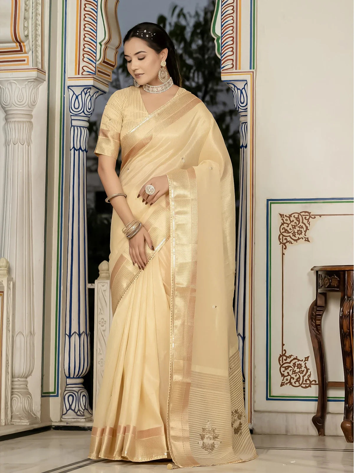 Tarani beige tissue linen saree with zari patta and khatli blouse work front full view