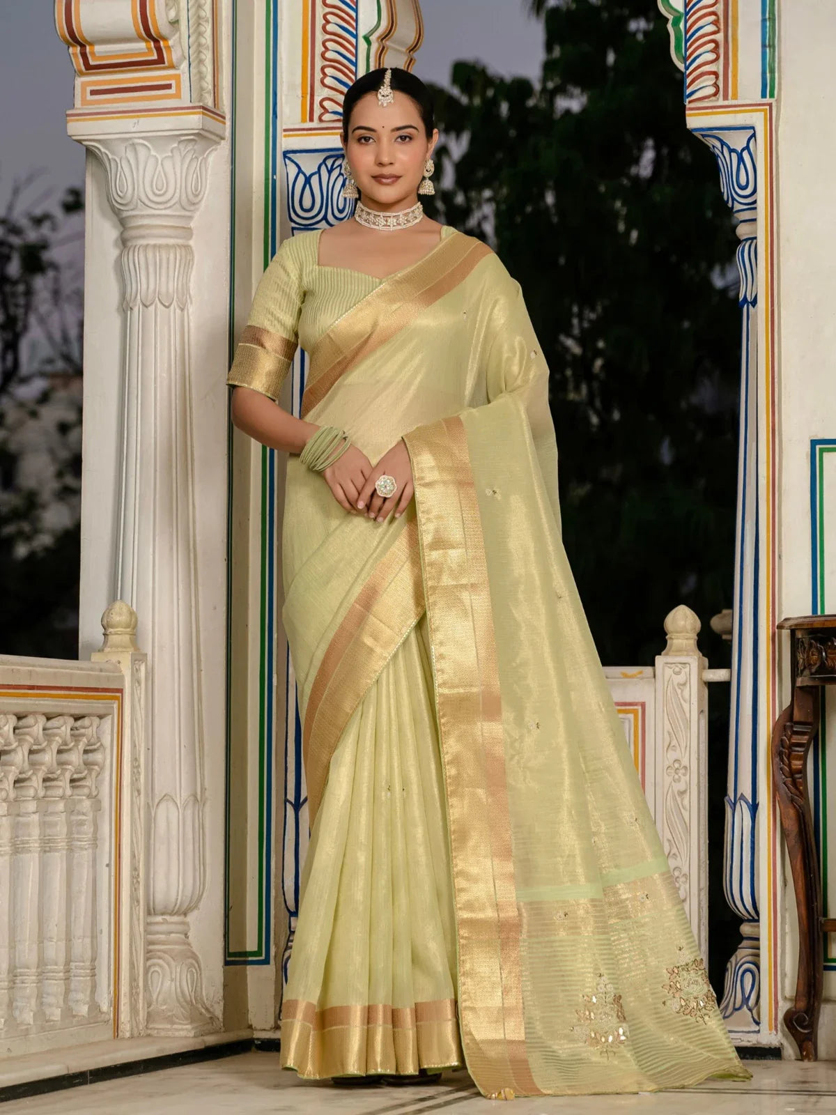 Tarani light green tissue linen saree with golden zari patta full view festive party wear