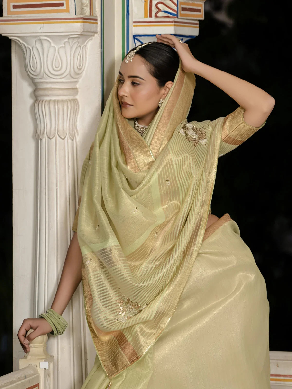 Tarani light green tissue linen saree with zari patta upper body festive style