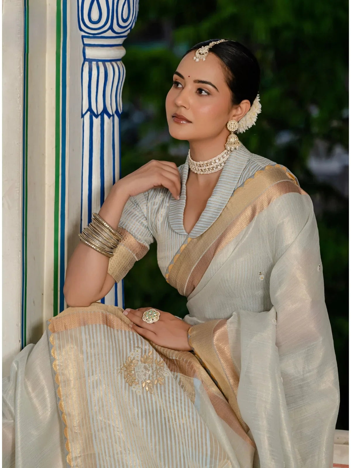 Tarani off white tissue linen saree with blouse upper body view
