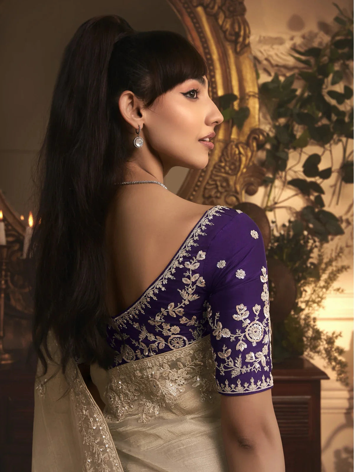 Tarani beige tissue organza saree showing embroidered blouse back design