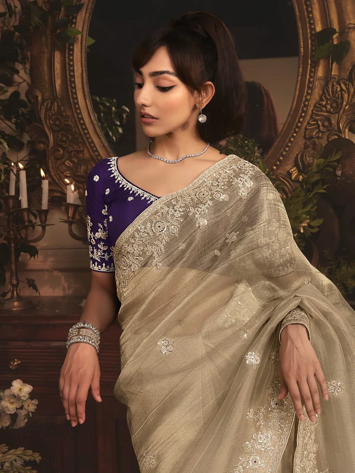 Tarani beige tissue organza saree with elegant front embroidery view