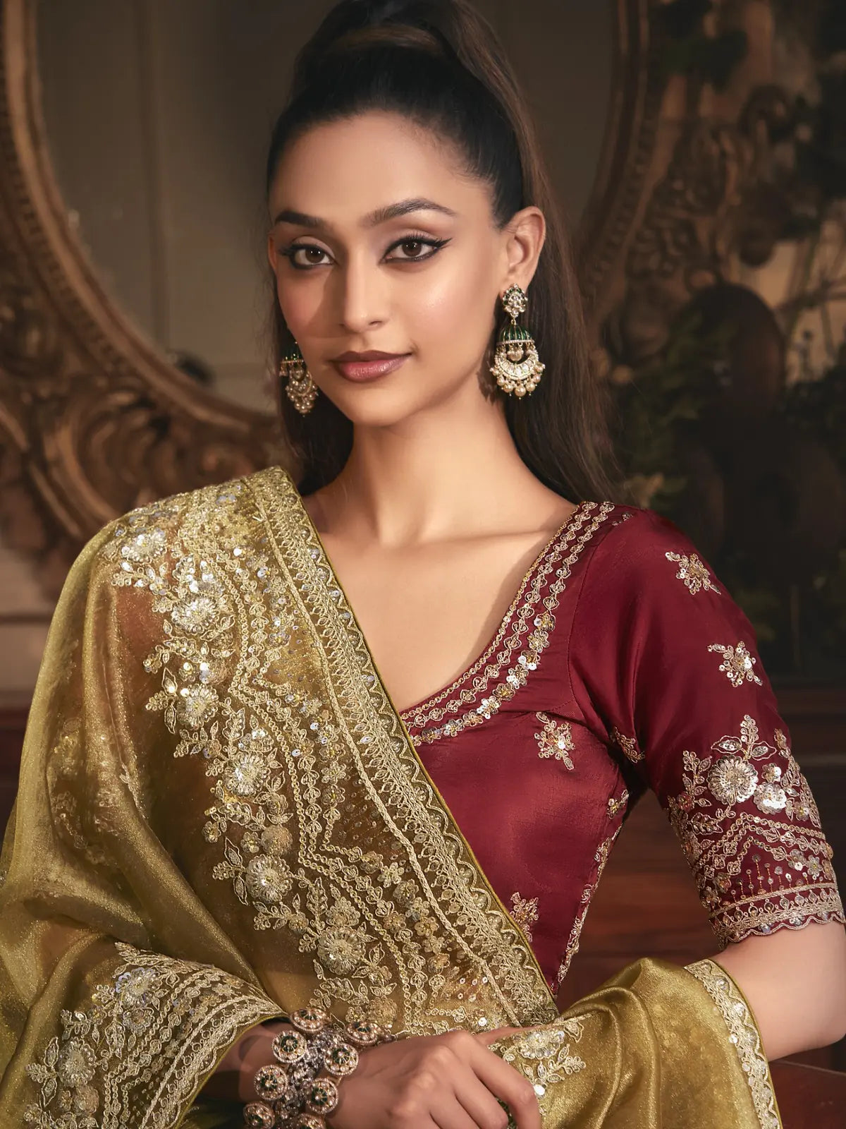 Tarani tissue organza green saree upper body view with silk embroidered blouse