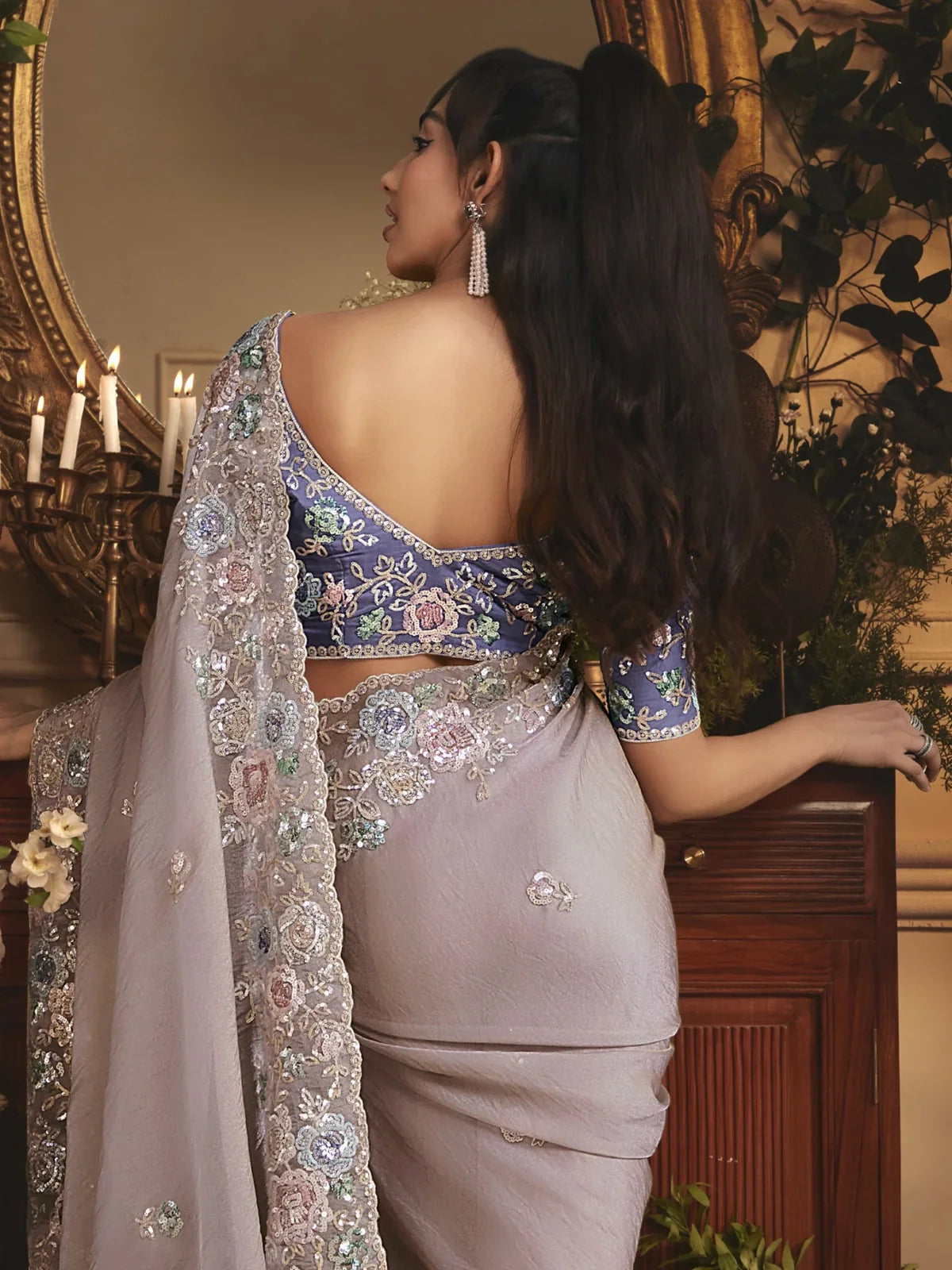 Tarani lavender tissue organza saree with heavy embroidery back view