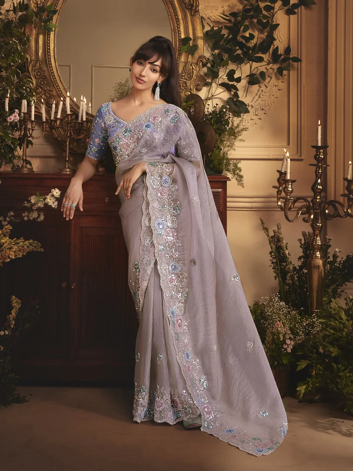 Tarani lavender tissue organza saree with heavy embroidery and silk blouse full view