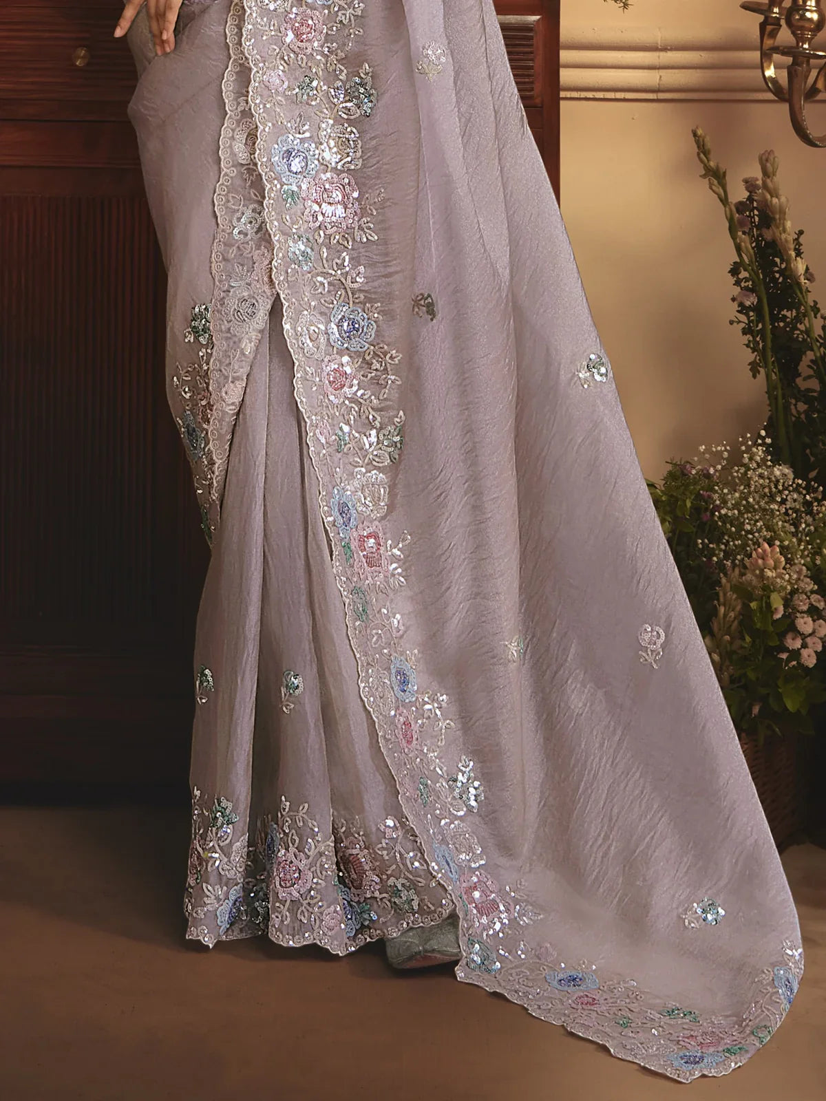 Tarani lavender tissue organza saree with stone and butta work pallu view