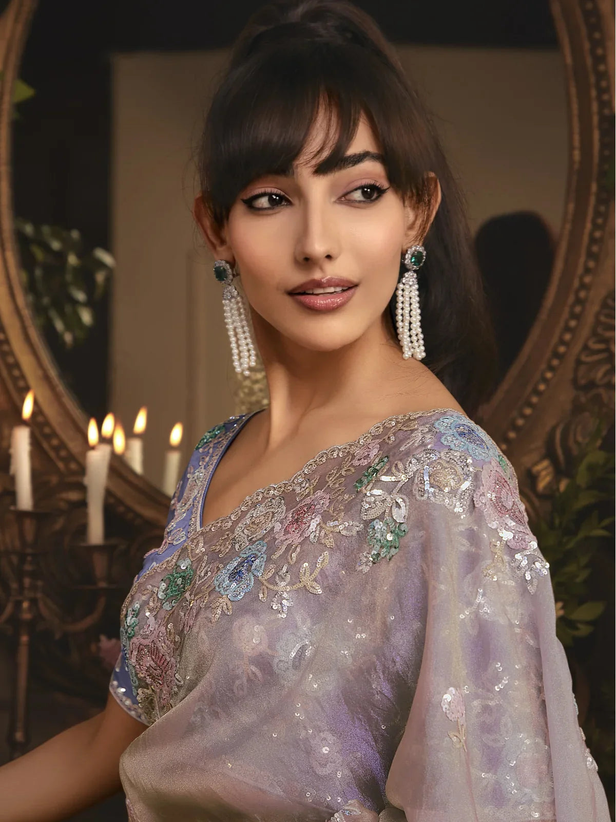 Tarani lavender tissue organza saree with embroidered blouse upper body view