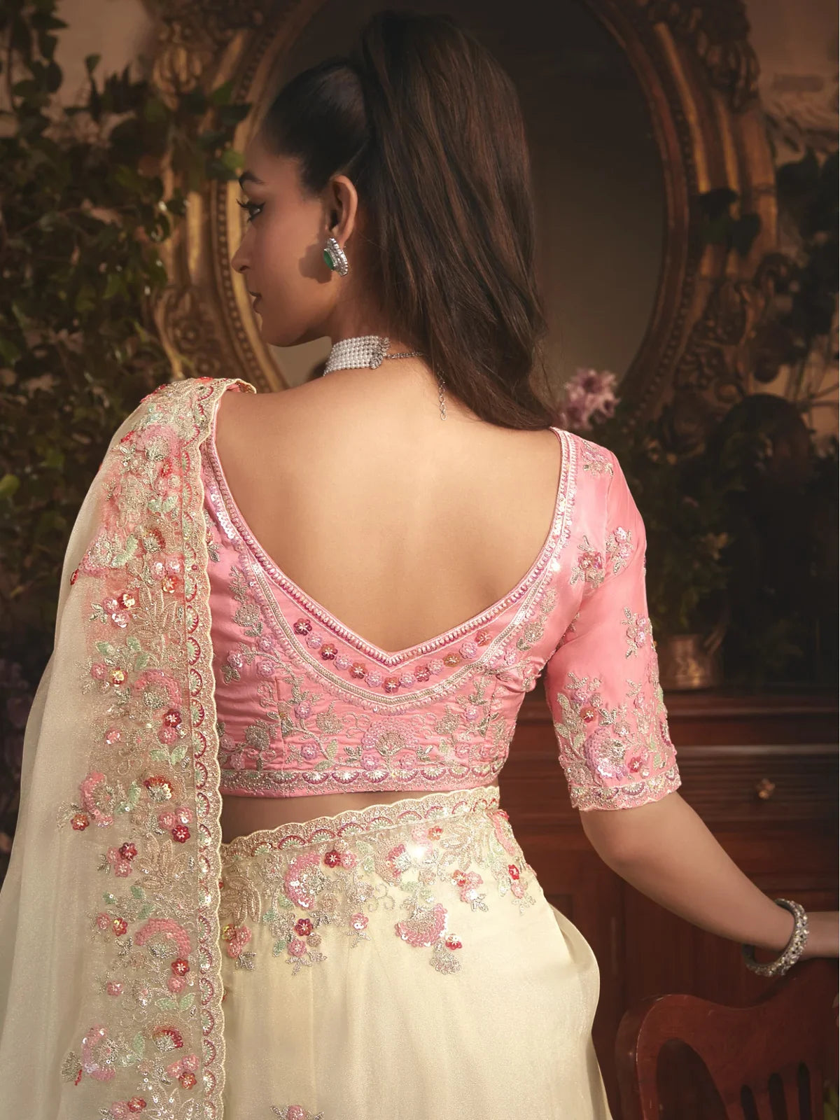 Tarani stylish off white tissue organza saree back blouse design view with embroidery details