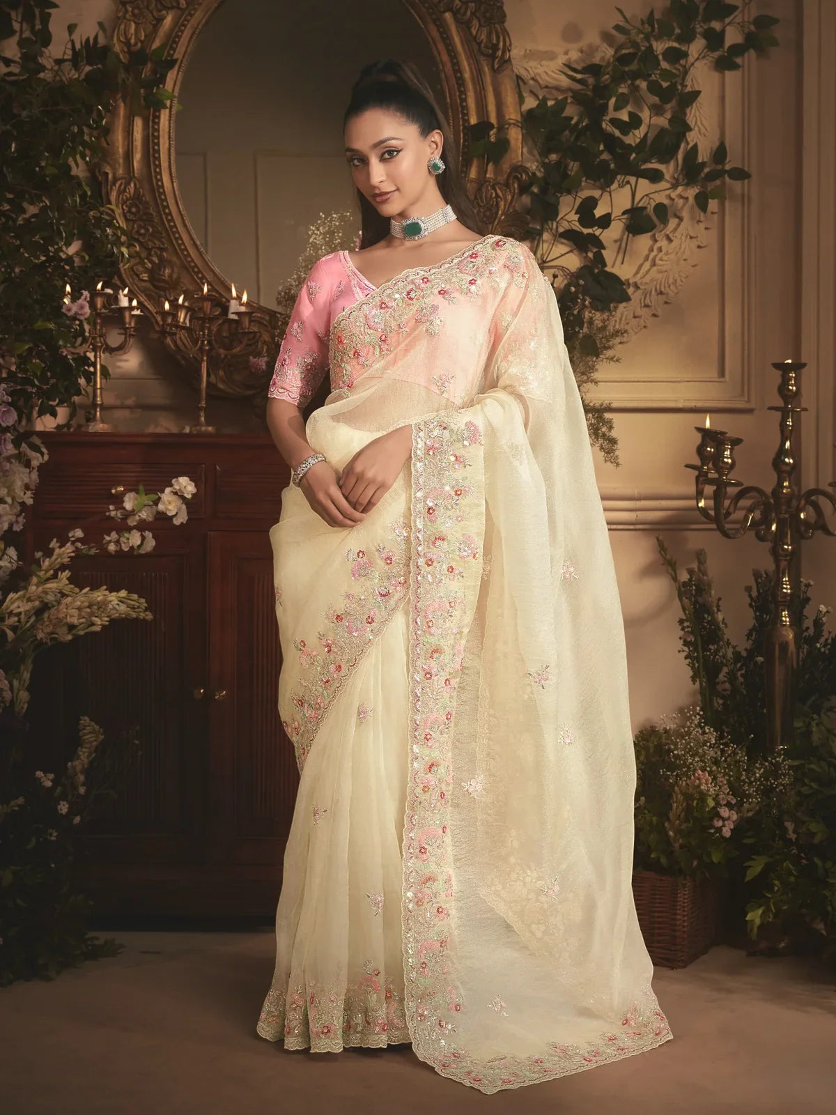 Tarani premium off white tissue organza saree full view with heavy embroidery stone work and silk blouse