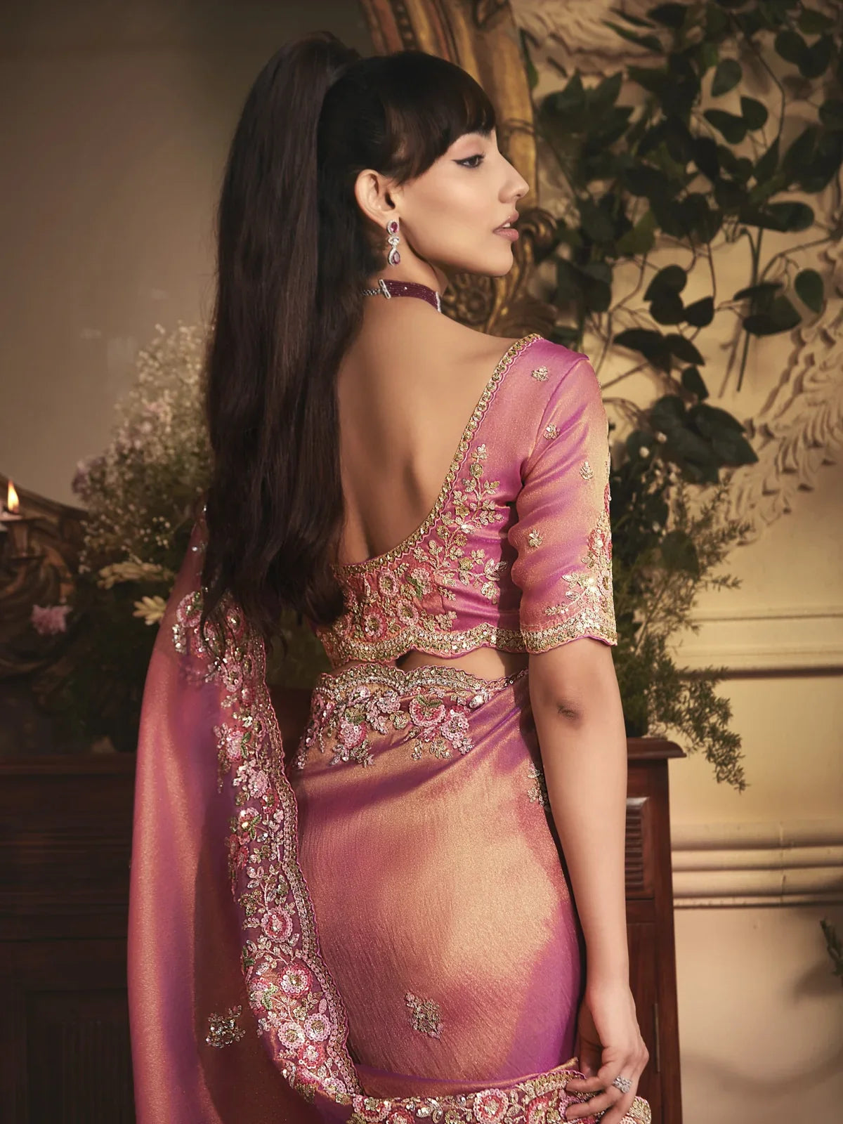 Tarani pink tissue organza saree back view with embroidered blouse