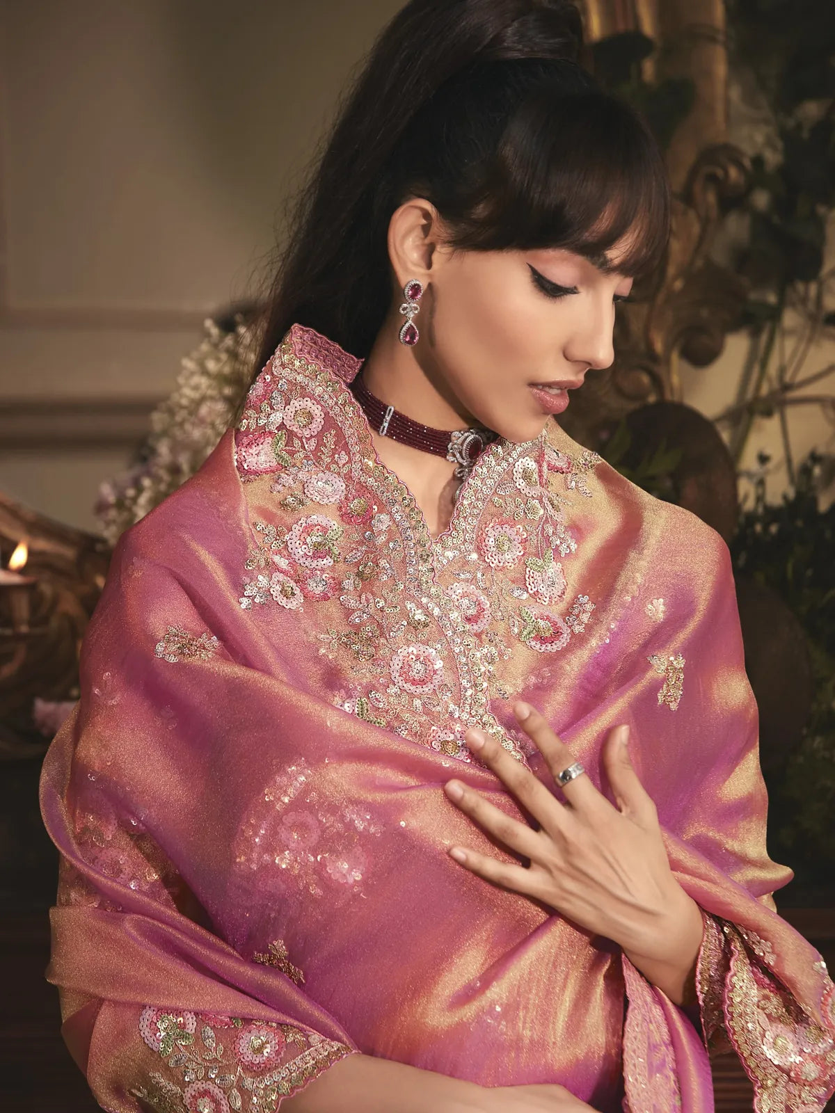 Tarani pink tissue organza saree closeup embroidery and stone floral work