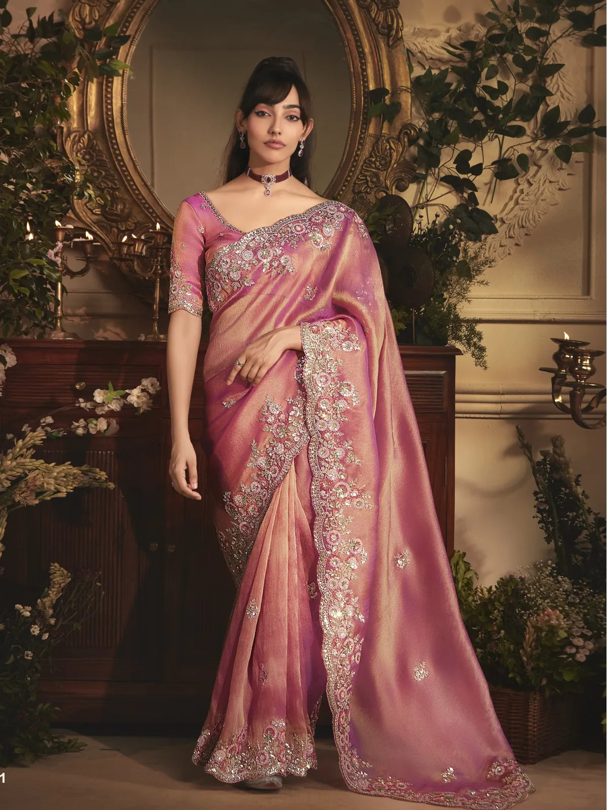Tarani pink tissue organza saree with heavy embroidery and silk blouse front full view