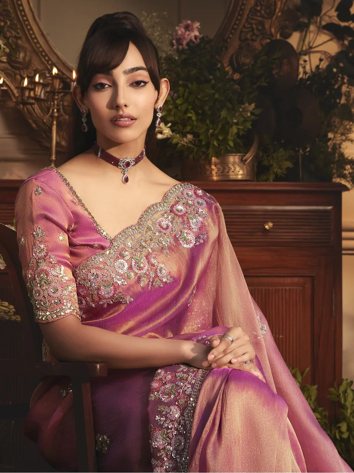 Tarani pink tissue organza saree upper body view with silk blouse