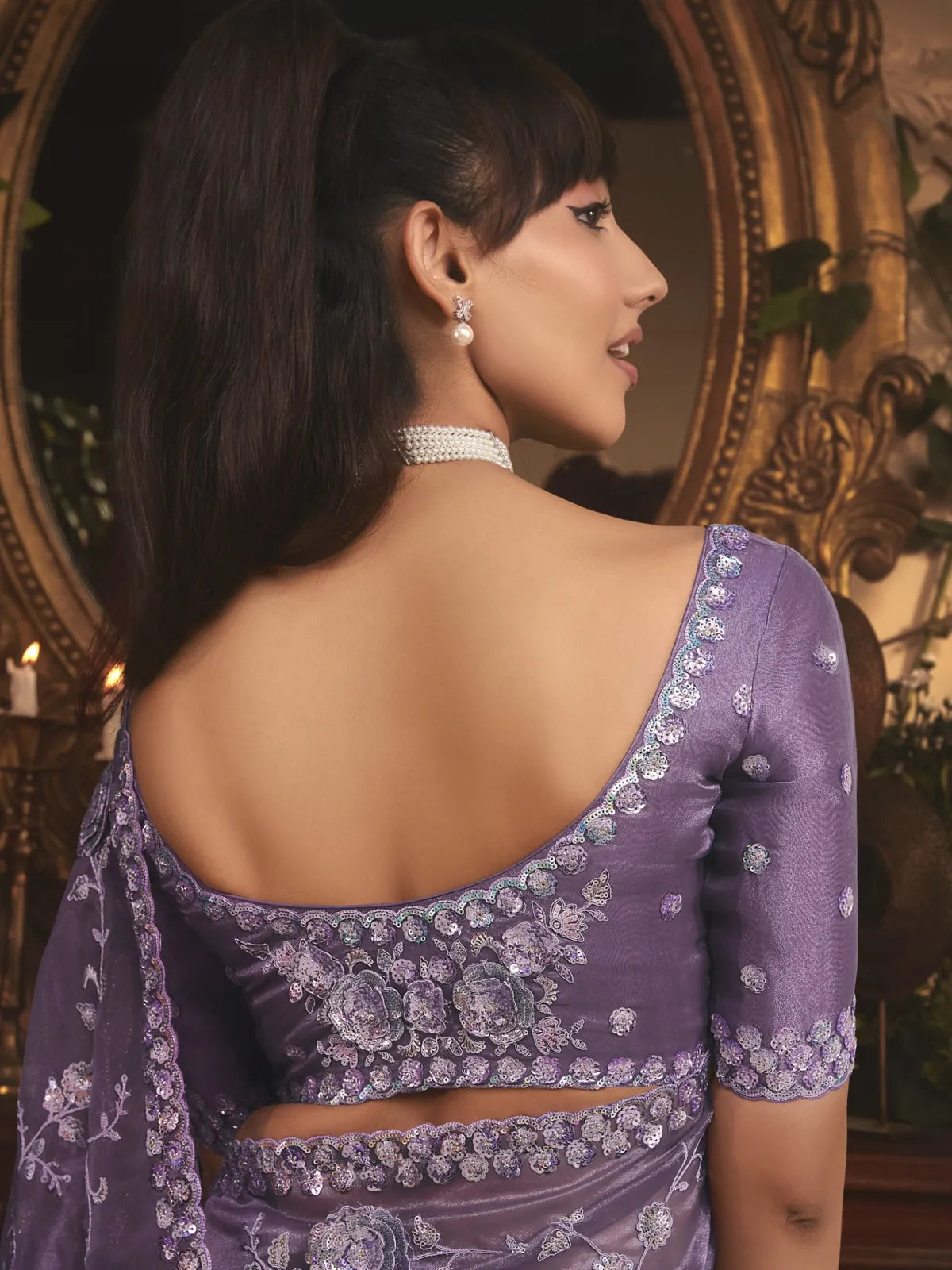 Tarani purple tissue organza saree blouse back design with embroidery and stone work