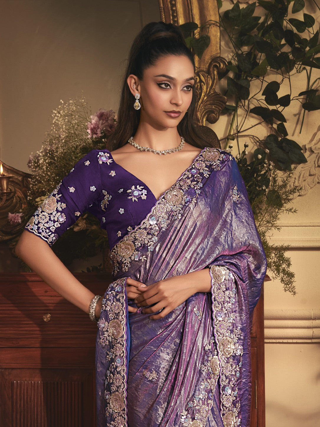 Tarani purple tissue organza saree front pose with stonework details