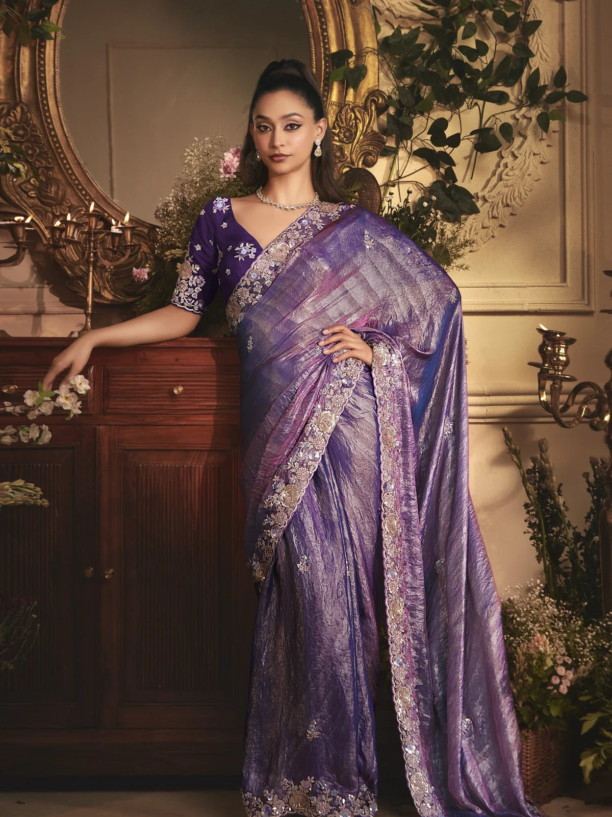 Tarani purple tissue organza saree with embroidery border and silk blouse full view