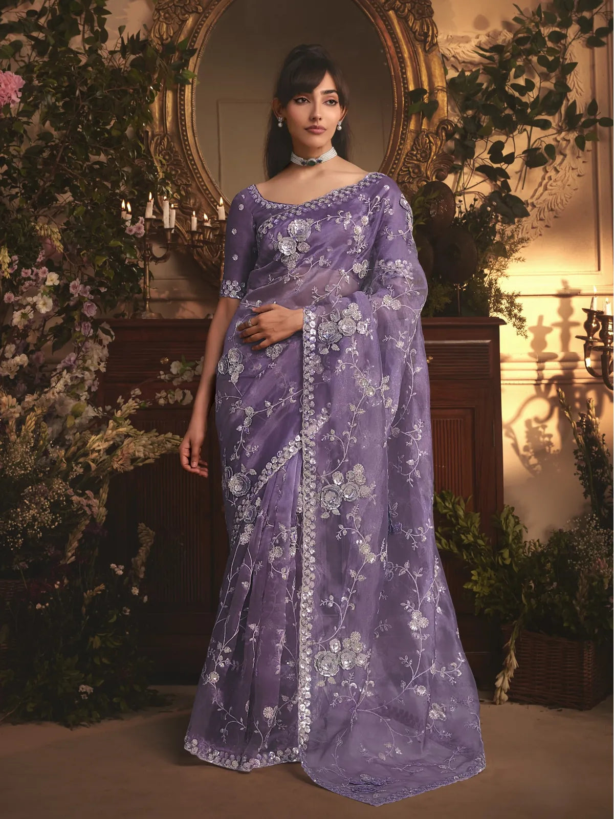 Tarani purple tissue organza saree with heavy embroidery and stone work blouse front full view