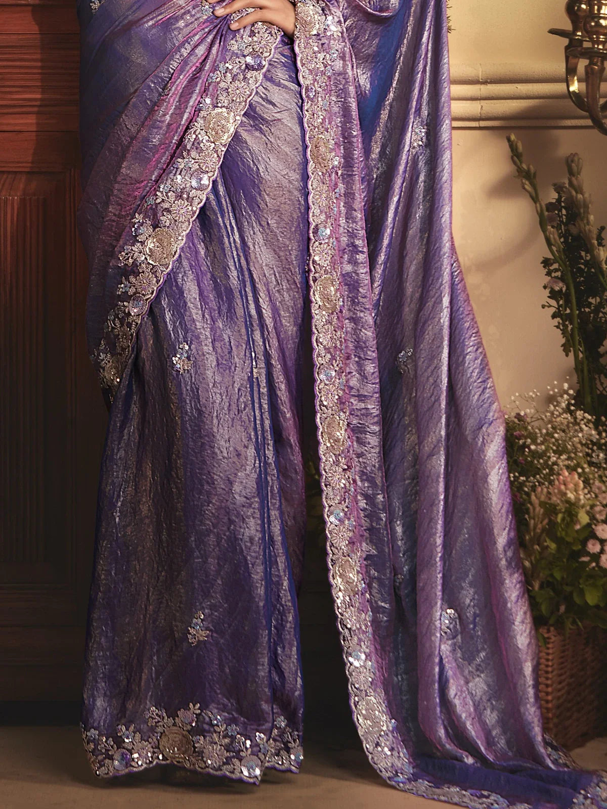 Tarani purple tissue organza saree pallu focus with heavy embroidery border