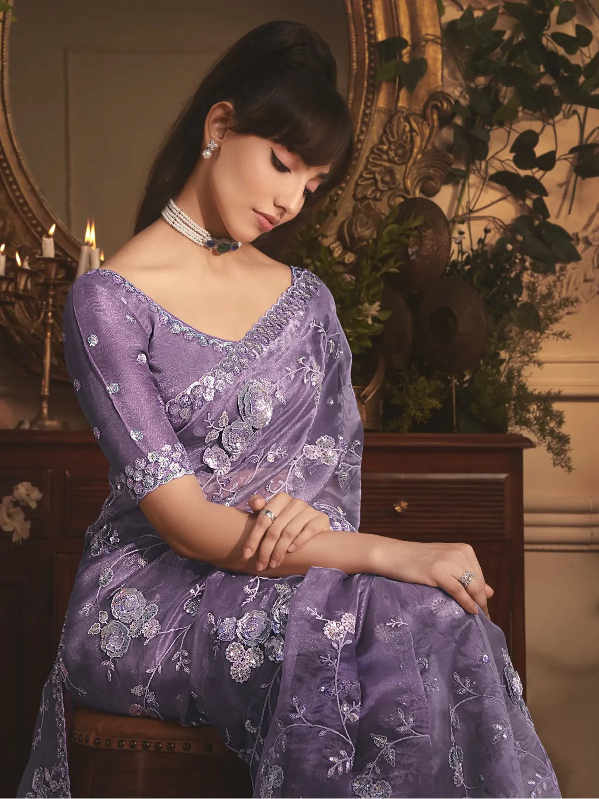 Tarani purple tissue organza saree side view showcasing embroidery and elegant drape