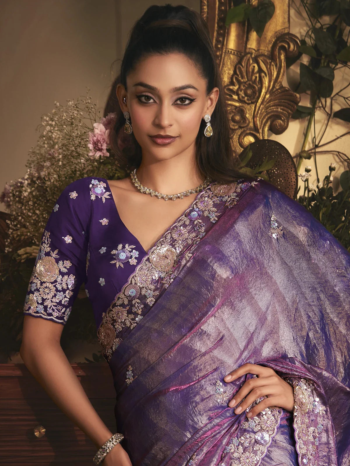 Tarani purple tissue organza saree upper body view with embroidery blouse