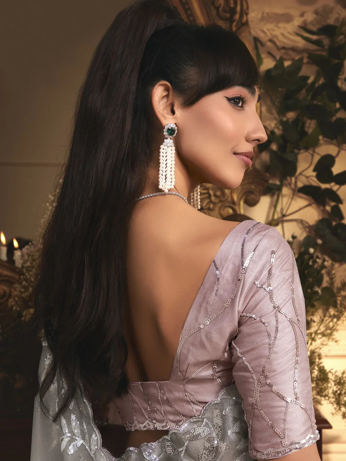 Tarani silver tissue organza saree back blouse design with embroidery