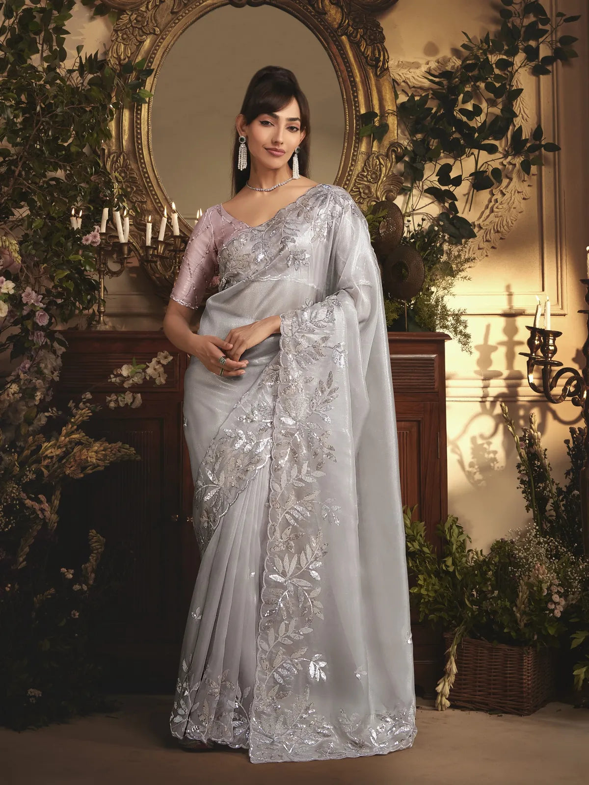 Tarani silver tissue organza saree with embroidery and stone border full view