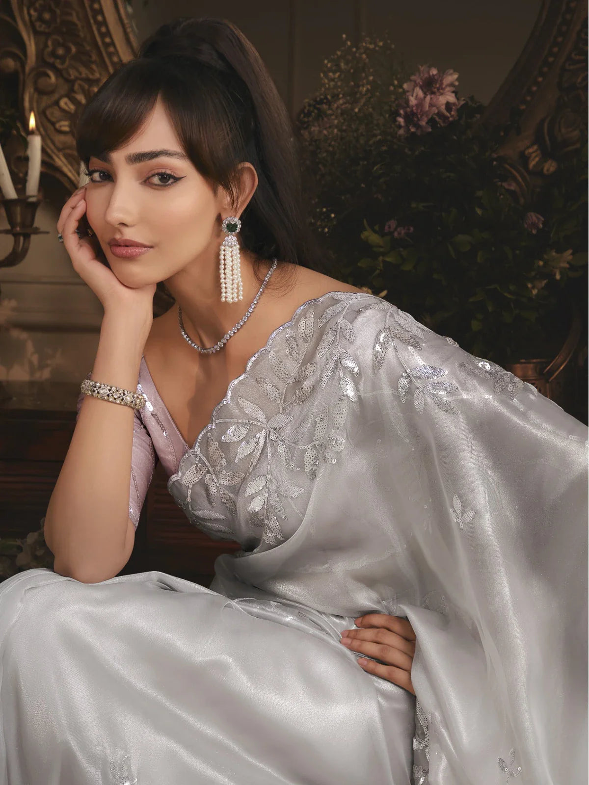Tarani silver tissue organza saree upper body view with silk blouse