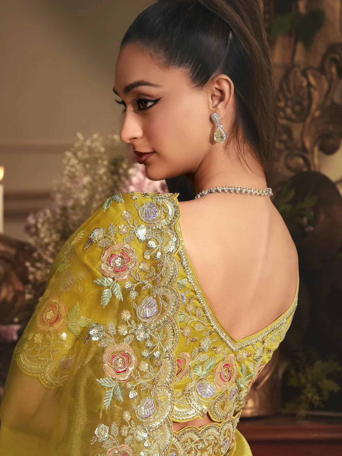 Tarani yellow tissue organza saree with embroidery and silk blouse - back-view