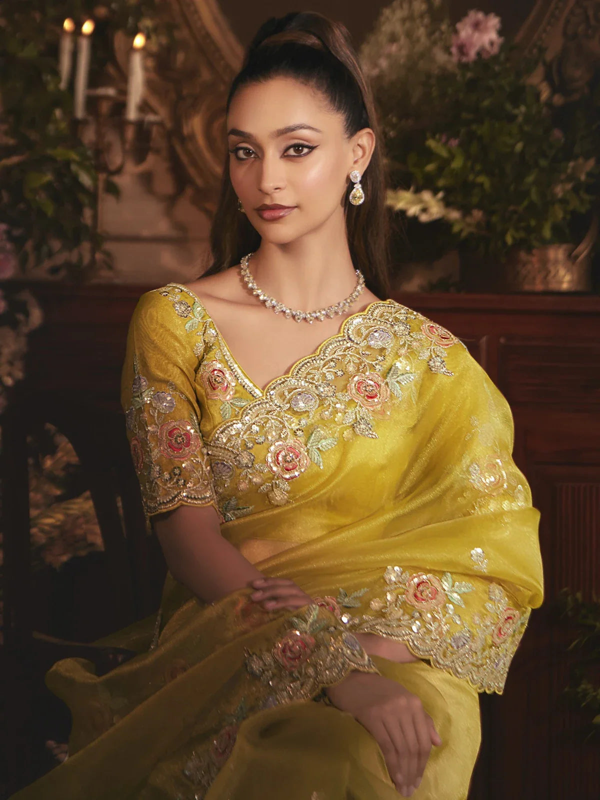 Tarani yellow tissue organza saree with embroidery and silk blouse - front-view