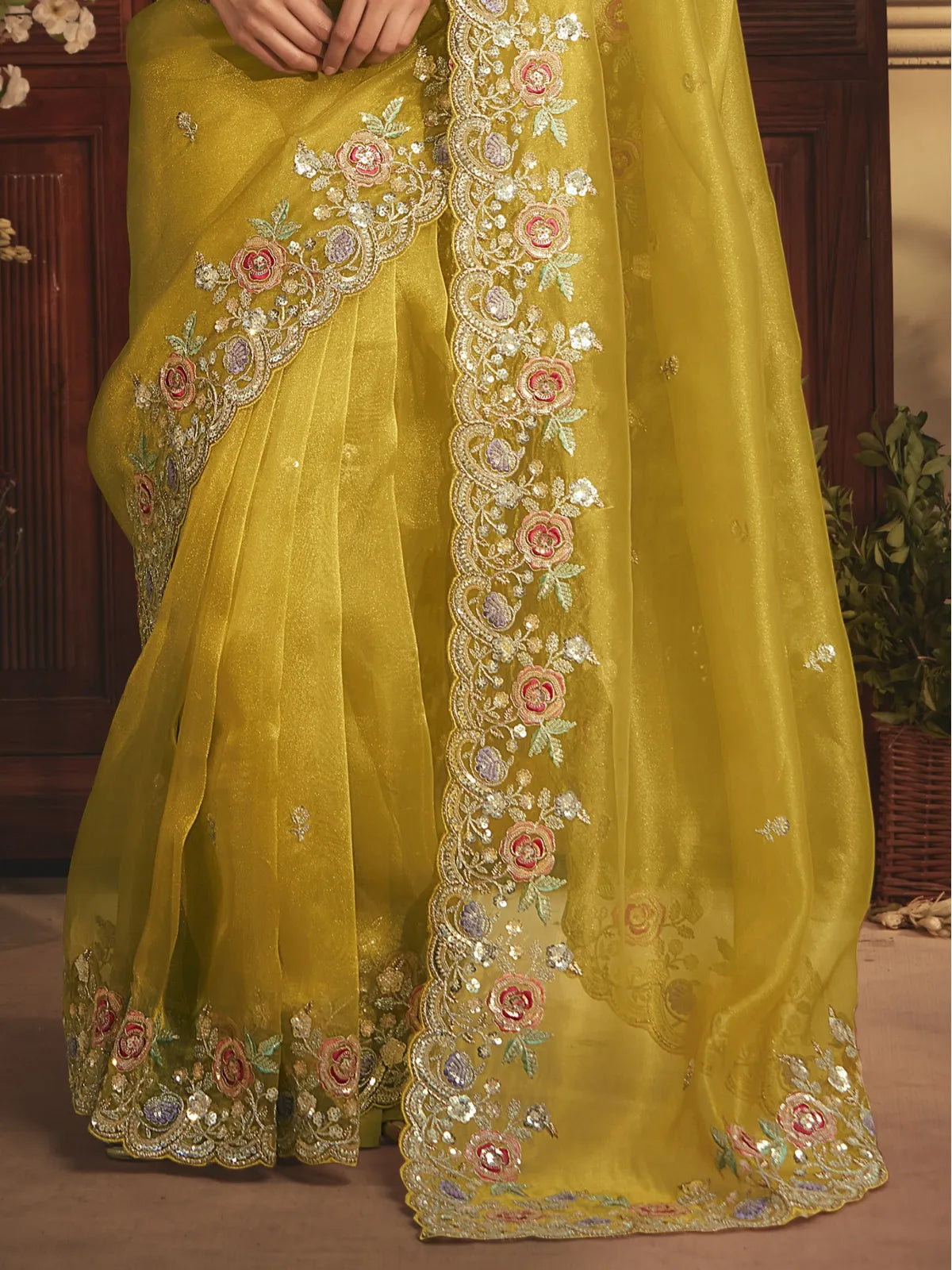 Tarani yellow tissue organza saree with embroidery and silk blouse - pallu-view