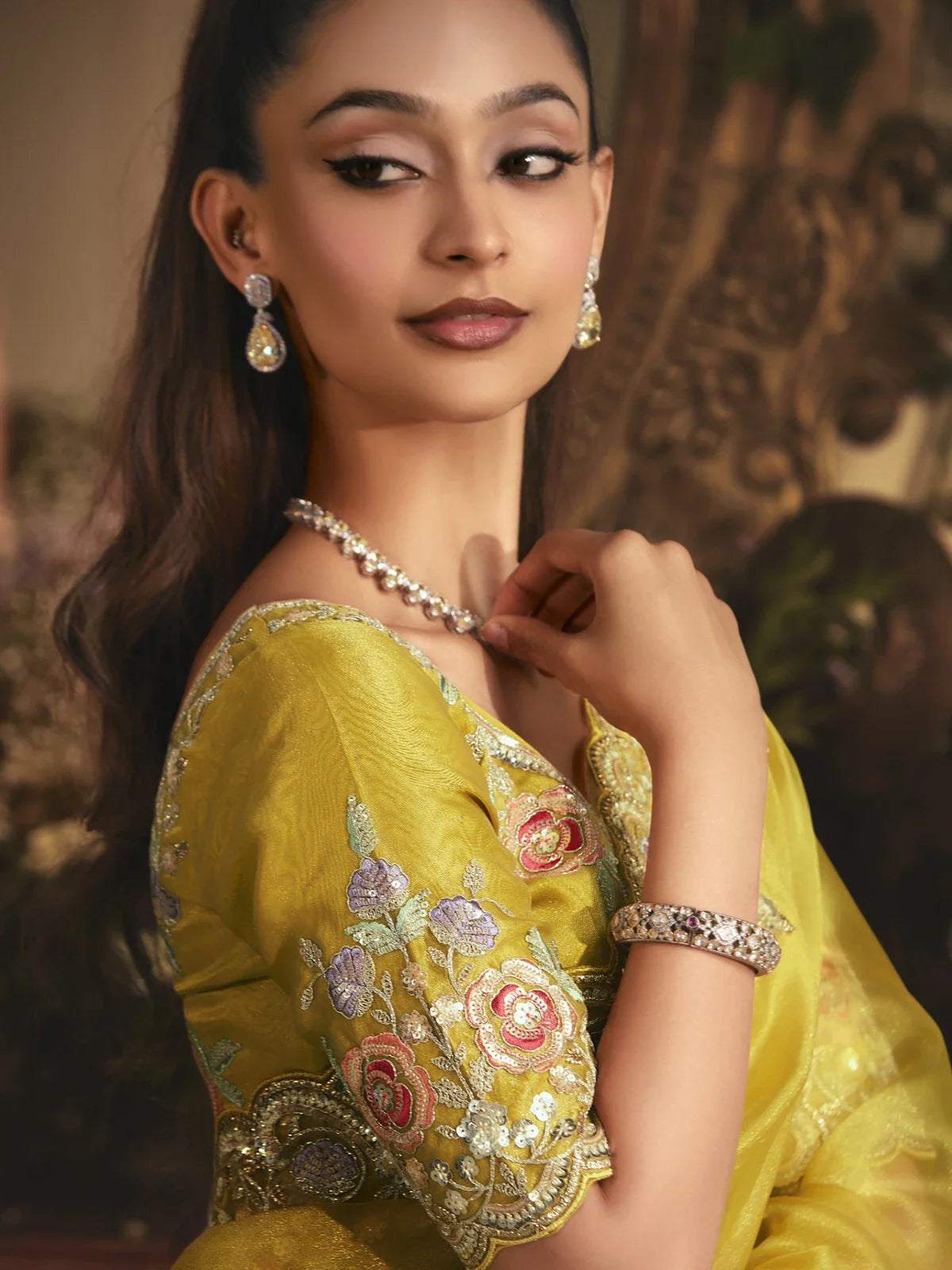 Tarani yellow tissue organza saree with embroidery and silk blouse - upper-body-view