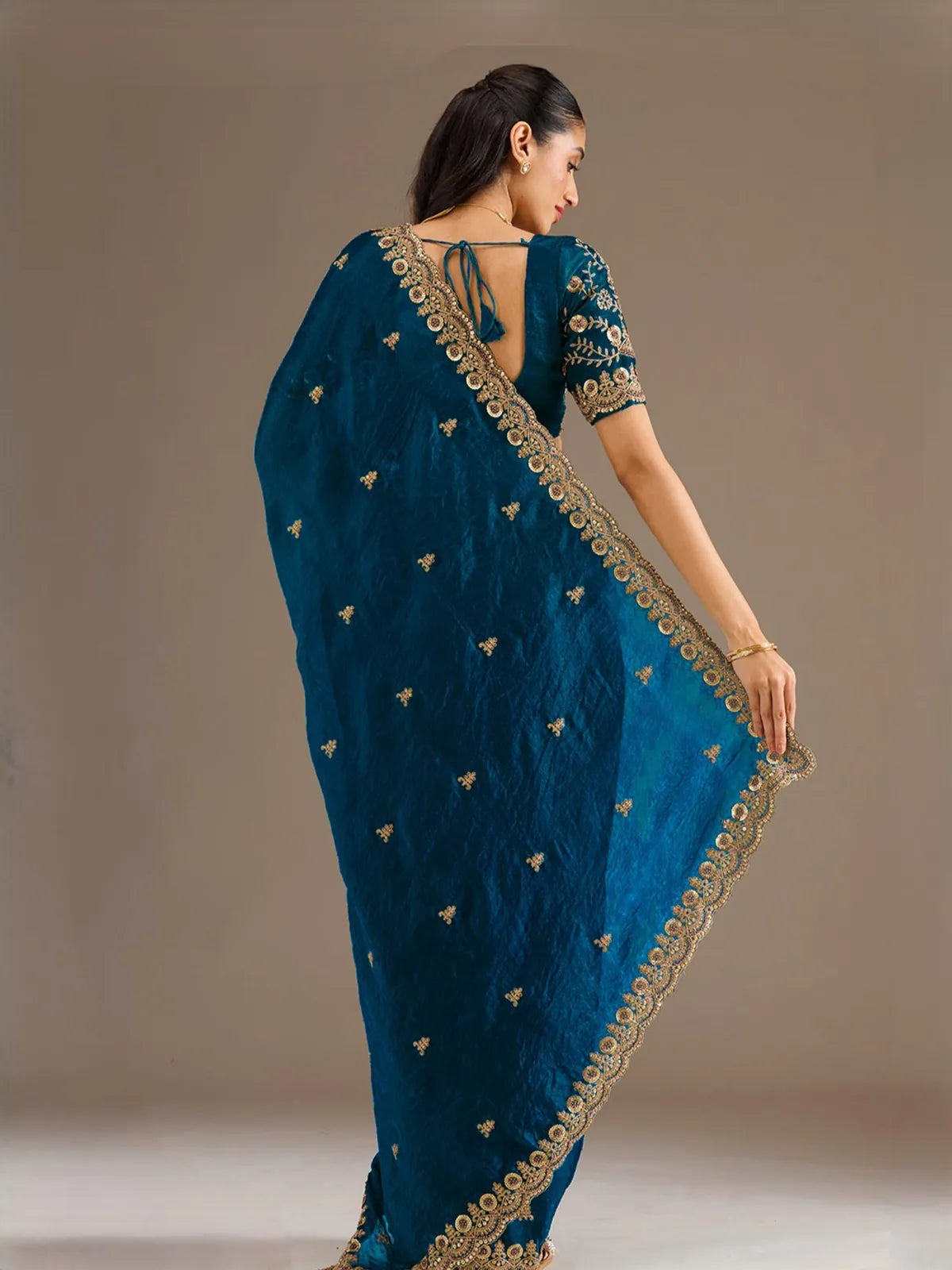 Tarani Charulata Dove Blue tissue saree back view with elegant drape and embroidered border design