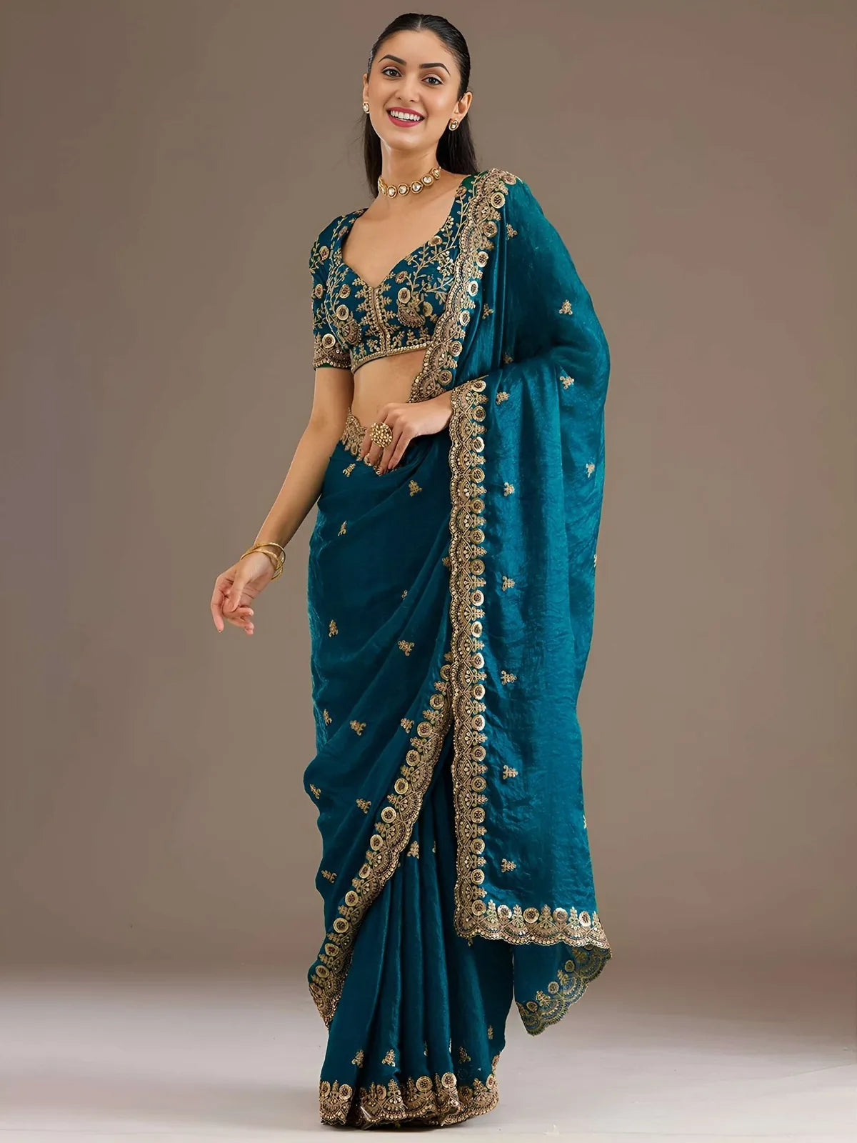 Tarani Charulata Dove Blue tissue saree front view designer party wear saree with heavy embroidered border