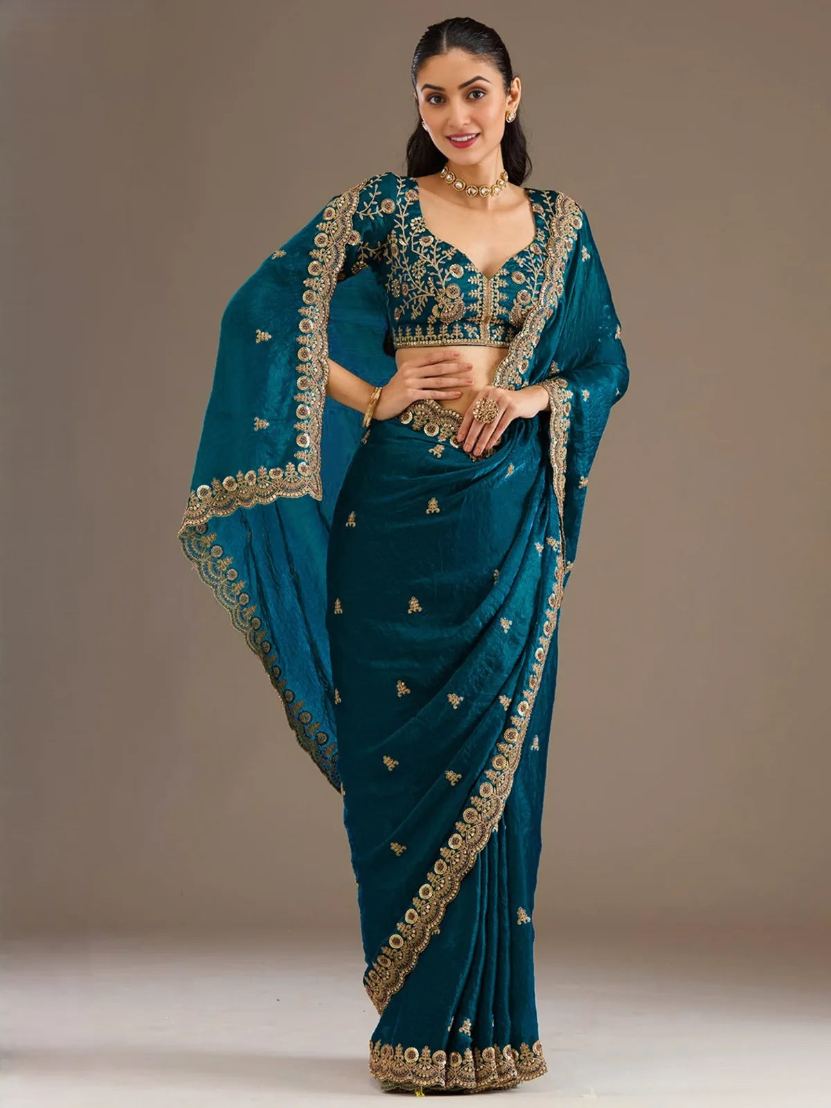 Tarani Charulata Dove Blue tissue saree pallu view showcasing zari dori sequins embroidered border