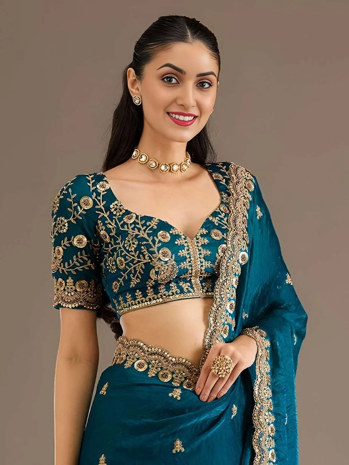 Tarani Charulata Dove Blue tissue saree upper body view embroidered blouse with pearl and diamond detailing