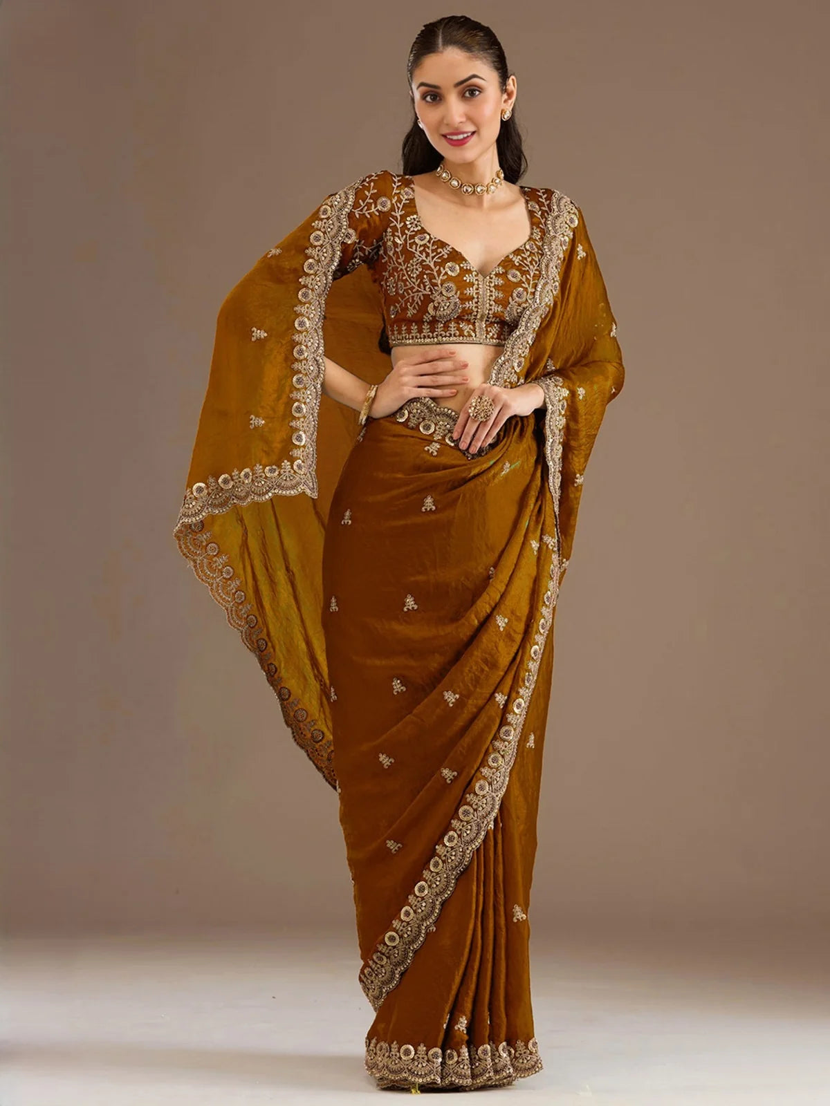 Tarani Rajeshri golden tissue saree full view with zari dori sequins diamond pearl embroidery
